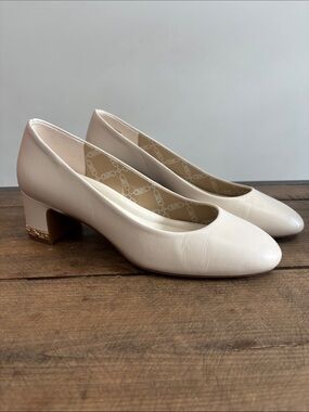 Michael Kors Cream Low Block Heel Pumps with Gold Accent